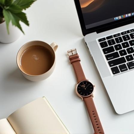 노트북 옆에 놓인 시계와 커피 한 잔