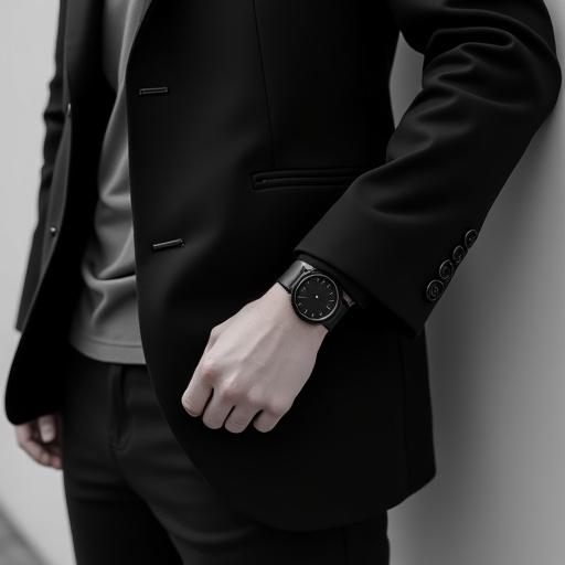 모노톤 의상과 함께 어반 블랙 시계를 착용한 모습